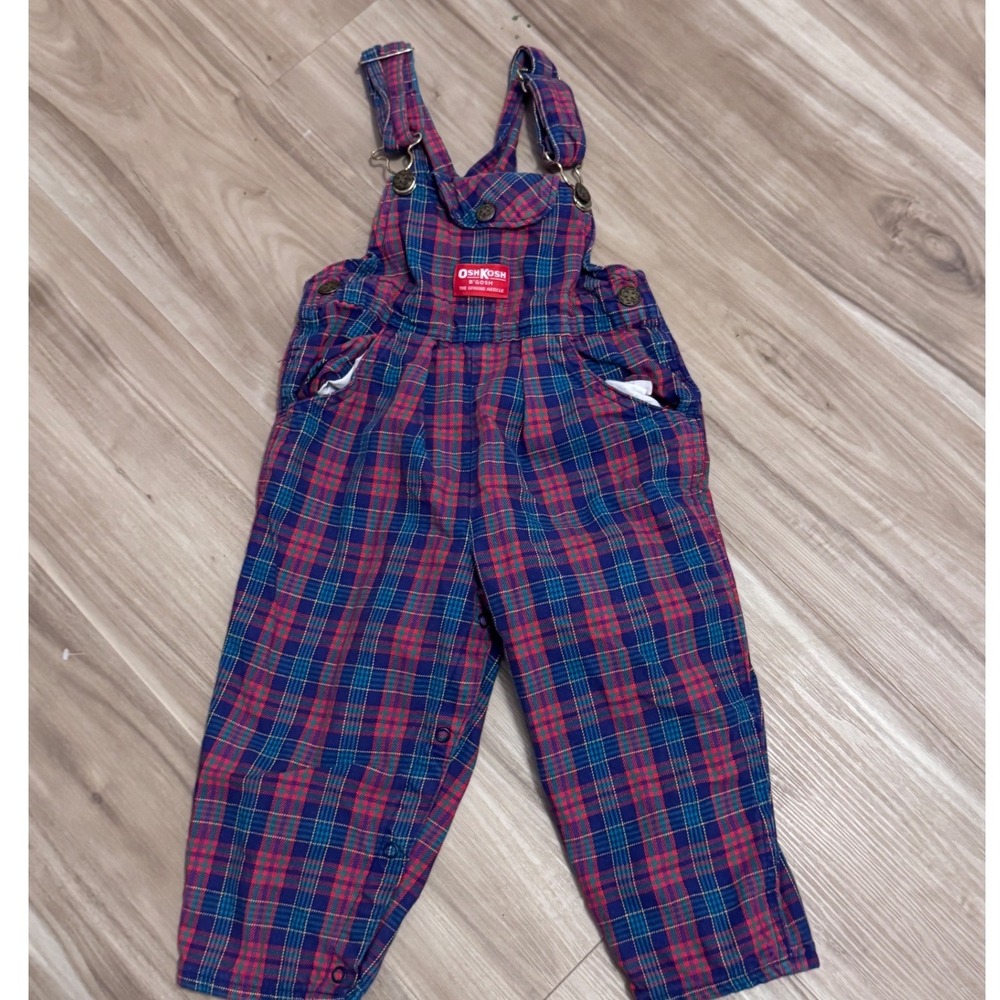 Vintage OshKosh B'gosh Kids‎ Plaid Overalls Size 3T Cotton Blue Red Green Tan v2